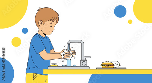 A Boy Washing Hands Before Lunch, Healthy Hygiene Practice and Cleanliness