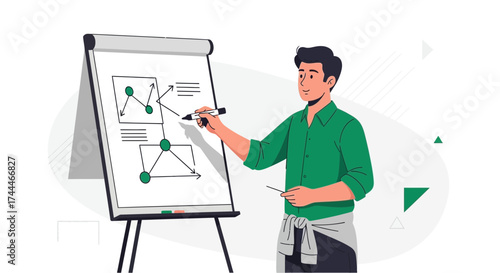A business instructor presenting a strategy diagram on a whiteboard during a lecture