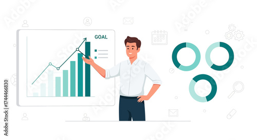 A business analyst explaining the financial growth and reaching the set goals with graphs
