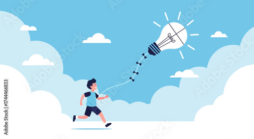 A Boy With A Running Silhouette Releasing The Kite Shaped As A Lightbulb