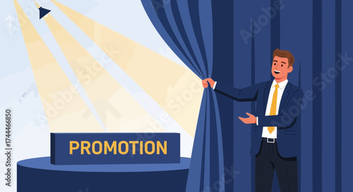 A business man unveiling promotion announcement behind curtains in spotlight vector