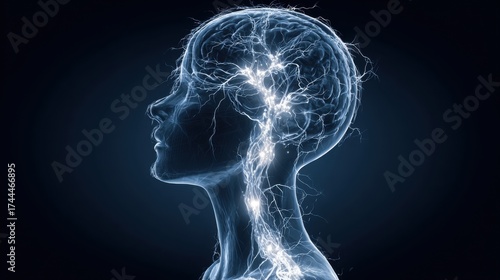 A detailed depiction of a human silhouette showcasing brain activity through illuminated neural connections. The image highlights the intricate pathways that signify thought and consciousness.