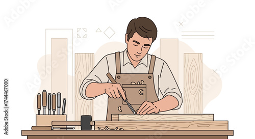 A carpenter working on wood, using tools for carpentry and woodworking projects