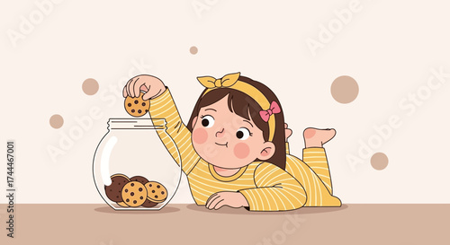 A Happy Little Girl Is Reaching For Delicious Chocolate Chip Cookies From A Glass Jar
