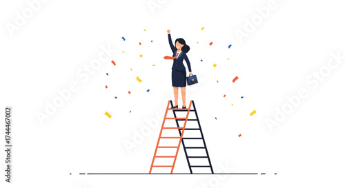 A businesswoman stands on top of a ladder celebrating, achievement of success