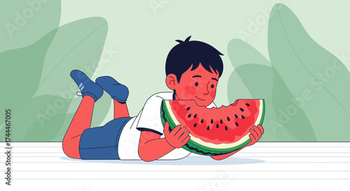 A Cartoon Boy Basking In Warm Sunlight While Enjoying A Juicy Watermelon Slice