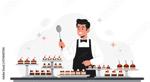 A Chef Presenting Desserts on a Table Illustration Vector Flat Design Concept