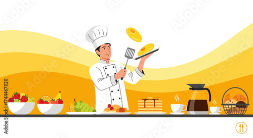 A Cartoon Chef Flipping Pancakes in the Kitchen Preparing Breakfast with Fruits