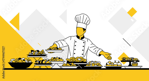 A Chef Presents a Variety of Food Dishes, Vector Illustration, Modern Restaurant Concept
