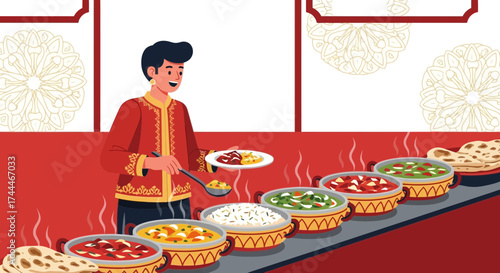 A Chef Provides Indian Cuisine For A Buffet, Serving Dishes Of Various Spices And Flavors