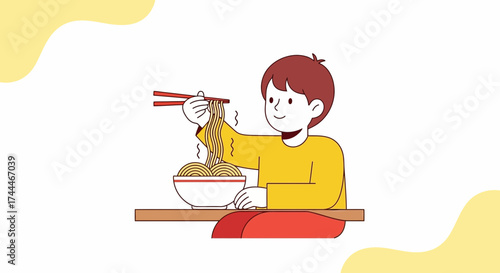 A cartoon illustration of a person eating noodles with chopsticks from a bowl
