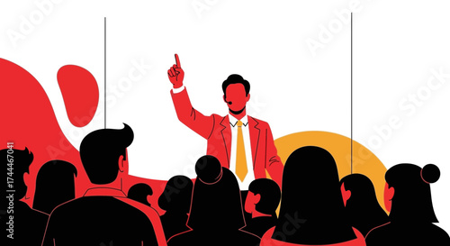 A charismatic speaker leading a presentation to a crowd of people in a conference hall