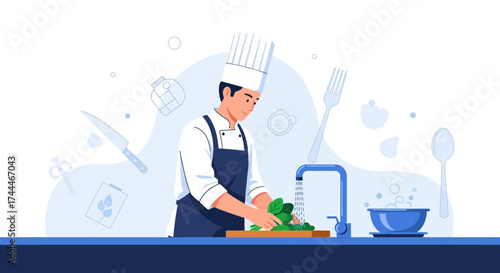 A Chef Washes Fresh Greens in Kitchen, Preparing for a Culinary Masterpiece