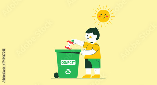 A child composting food waste with a cute illustration on a yellow background