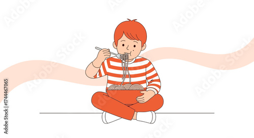 A Child Eating Noodles While Sitting, Illustration Of The Joy Of Dining, Orange Tones