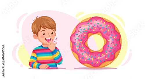 A child enjoying a sugared pink donut with sprinkles in a colorful cartoon illustration