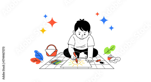 A child drawing a picture of a sun using a crayon on a mat during the day