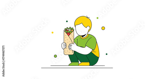 A Child Holding A Large Wrap With Fresh Ingredients, Simple Illustration
