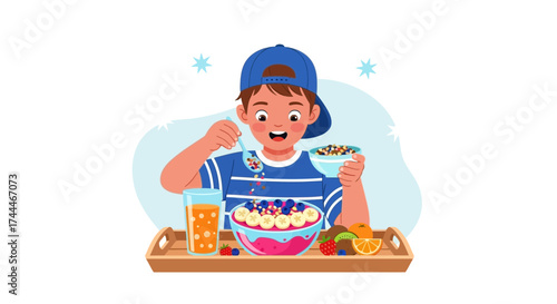 A cheerful boy enjoying a healthy breakfast of fruit and cereal on a tray