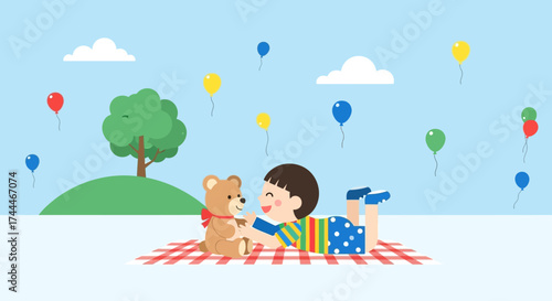 A child enjoying time with a teddy bear outdoors on a sunny day with balloons floating