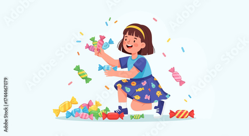 A cheerful cartoon illustration of a girl playing with colorful candies, having fun.