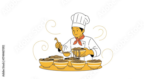 A Cheerful Chef Preparing Delightful Noodles in a Charming Culinary Illustration