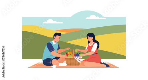 A Couple Enjoying a Picnic in a Scenic Landscape with Food and Nature around them