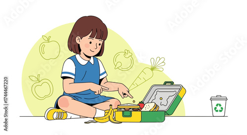 A cheerful illustration of a young girl preparing a healthy lunch box for school