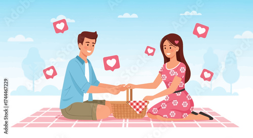 A couple on a picnic holding hands surrounded by like symbols in a romantic date