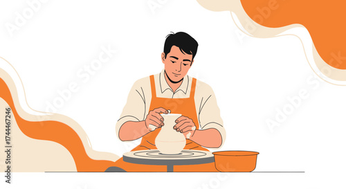 A craftsman working on a pottery wheel making a ceramic vase in a minimalist style