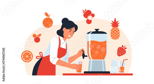 A cheerful woman serving fresh fruit juice from a dispenser, healthy lifestyle.