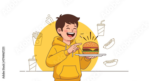 A Cheerful Young Person Delighted To Display A Delicious Hamburger With Food Items