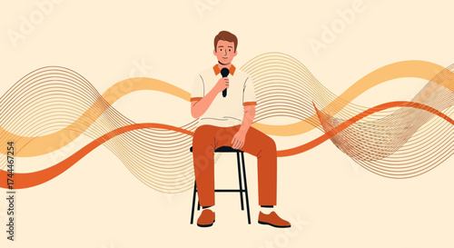 A Cheerful Speaker Holding A Microphone Posed In Front Of Abstract Wavy Lines