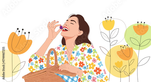 A cheerful woman enjoying a picnic with a basket, flowers, and a sweet treat