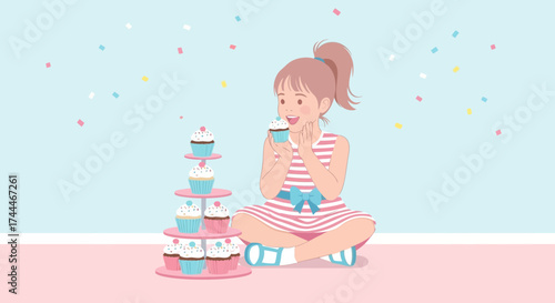 A Curious Young Girl Delightedly Prepares To Take A Bite Of A Cupcake And Celebrate