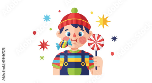 A Cute Cartoon Illustration of a Boy Eating Candy and Holding a Lollipop, Colorful
