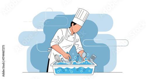 A Chef Carefully Washing Kitchen Utensils In A Sanitizing Basin Concept Illustration