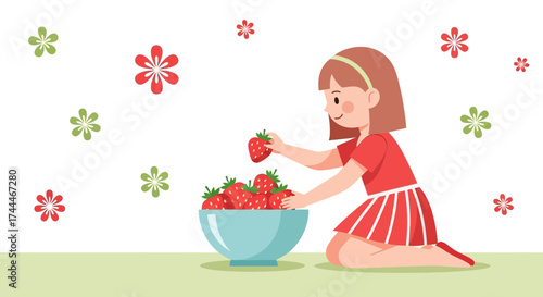 A cute girl gathering strawberries, healthy food, illustration of fresh summer fruit