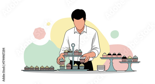 A Chef Arranging Cupcakes On Elegant Stands For A Special Event Presentation