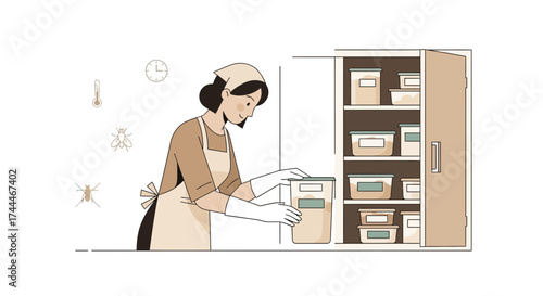 A domestic worker organizing a kitchen storage shelf with food containers and supplies