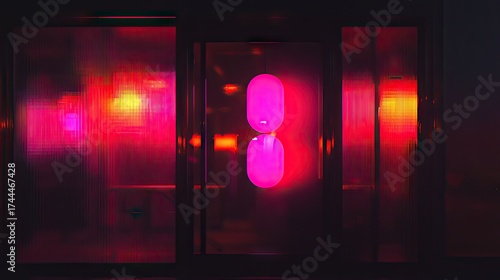 Nighttime view of a vibrant, illuminated storefront with vibrant pink neon signs.