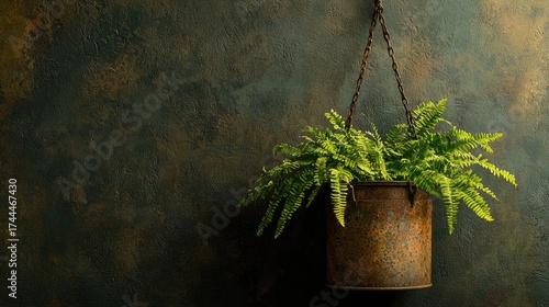 A rusty metal planter with a vibrant fern hangs on a dark textured wall.