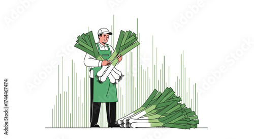 A farmer holding bundles of fresh leeks, a vegetable illustration, food and health concept