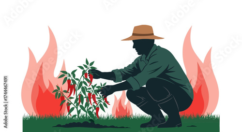 A Farmer Harvesting Red Chili Peppers in a Field with a Vibrant Burning Flame Concept