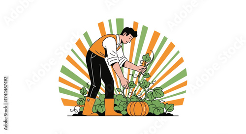 A Farmer tending to a Pumpkin, Showing Greenery and Positive Imagery in a Garden Setting too