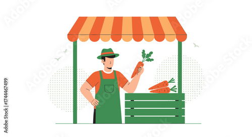 A Farmer Stands Proudly at His Market Stall Showcasing Freshly Harvested Carrots