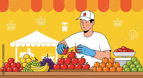 A friendly fruit vendor at a local market selling fresh apples and other produce