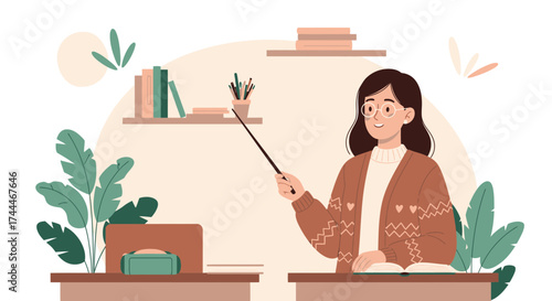 A Friendly Teacher Explaining With Pointer in a Classroom with Books and Plants
