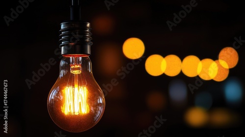 A warm incandescent light bulb glows brightly against a backdrop of out-of-focus city lights.