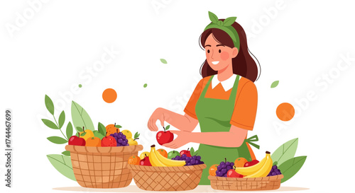 A Gracious Woman Presents Fresh Fruits in Wicker Baskets for Dietary Consumption